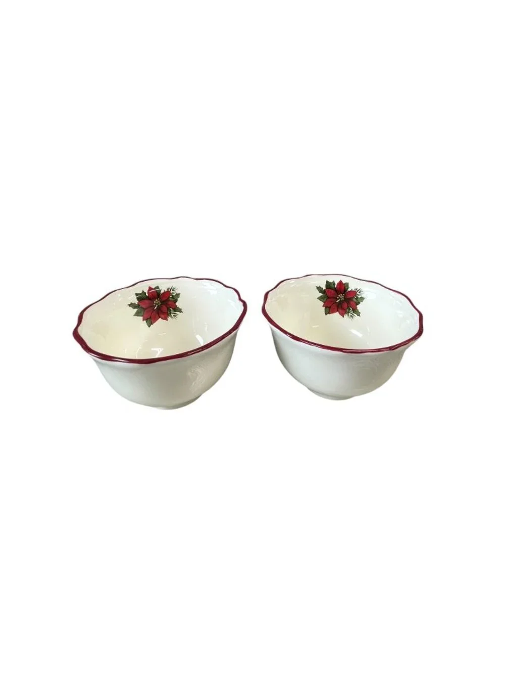 Set of 2 Poinsettia Christmas Holiday Bowls Scalloped Rim Dishwasher Microwave